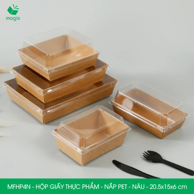 MFHP4N - 20.5x15x6 cm - 25 hộp giấy kraft thực phẩm màu nâu nắp Pet, hộp giấy chữ nhật đựng thức ăn, hộp bánh nắp trong