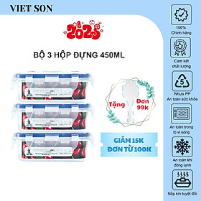 [TẶNG KHAY RÁO NƯỚC] Bộ 3 Hộp Đựng Thực Phẩm  VIETSON 450ml Nắp Khóa 4 Cạnh Kín Hơi