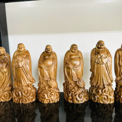 Bộ tượng điêu khắc tam phúc bằng gỗ bách xanh thơm nức kt cao 20cm 