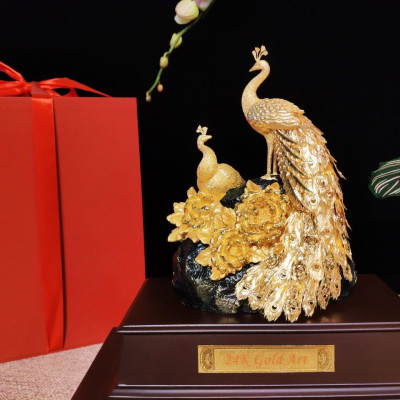 Tượng Đôi Chim Công Dát Vàng 24K MT Gold Art M09(29x17x34cm)- Hàng chính hãng, quà tặng dành cho sếp, khách hàng, đối tác 