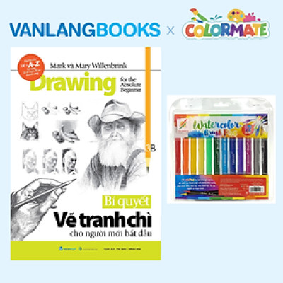 Sách Bí Quyết Vẽ Tranh Chì Cho Người Mới Bắt Đầu + Hộp 12 Bút Cọ Màu Nước Brush Pen - Vanlangbooks x Colormate