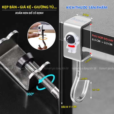 Móc Treo Balo Kẹp Cạnh Bàn Làm Việc Hamart Xoay 360 Treo Cặp Túi Xách Bình Nước Thép Xoắn Ốc Cố Định