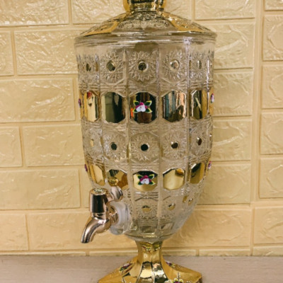 BÌNH THỦY TINH ĐỰNG NƯỚC UỐNG CÓ VÒI VẶN CAO CẤP HOA KHẢM VÀNG VÀNG - ANHT688 - GIAO HOA VĂN NGẪU NHIÊN