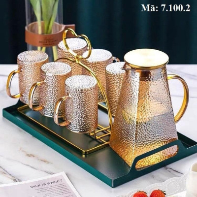 BỘ BÌNH THỦY TINH ĐỰNG NƯỚC UỐNG CHỊU NHIỆT CAO CẤP LÊN TỚI 400 ĐỘ C KÈM 6 CỐC QUAI KHAY VÀ GIÁ ÚP