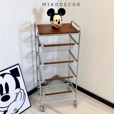 Xe Đẩy Kệ Để Đồ Đa Năng Nhiều Ngăn Tầng Có Ván Gỗ Retro Vintage – Khung Kim Loại Chắc Chắn, Kệ Trang Trí Nhà Bếp Phòng Khách - HÀNG CHÍNH HÃNG MINIIN