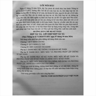 Sách Hướng Dẫn Chế Độ Kế Toán Hợp Tác Xã, Liên Hiệp Hợp Tác Xã theo Thông Tư số 71/2024/TT-BTC (V2522T)