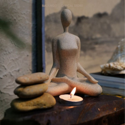 Bô Tượng Yoga kèm đế gỗ và bộ đá "Zen" tự nhiên - Bazango - Trang Trí Nhà