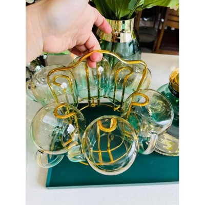 Combo bình đụng nước uống 6 cốc thủy tinh chịu nhiệt cao cấp ánh vàng xanh kèm khay và giá úp cốc