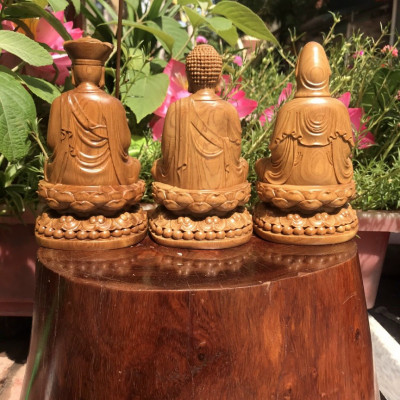 Tượng tây phương tam thánh mini bằng gỗ bách xanh thơm nức kt cao 15×9cm