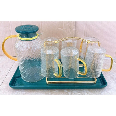 Bộ bình đựng nước 6 cốc ống thủy tinh kèm khay sứ, giá úp cốc kim loại mạ vàng sang trọng