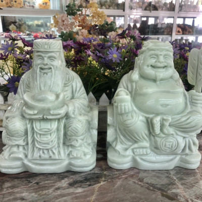 Tượng hai ông Thần Tài Thổ Địa thờ cúng đá cẩm thạch trắng xanh - Cao 20 cm