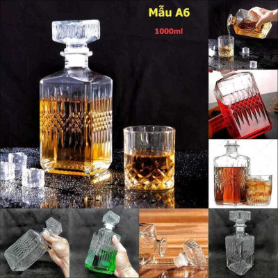 Chai Thủy Tinh Đựng Rượu 1 Lít (combo 2 cái) mẫu vuông mắt dứa và vuông lá cọ - Vỏ Chai Rượu Đẹp 1000ML – Bình Đựng Rượu cao cấp (A1,A6)