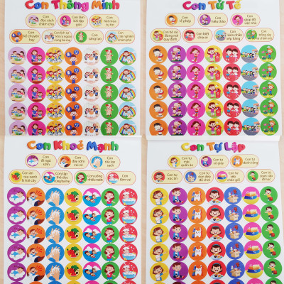 Sổ tay STICKER gồm 8 tờ với 4 chủ đề Con Thông Minh, Con Tự Lập, Con Khỏe Mạnh, Con Tử Tế - minh họa hoạt hình cho ba mẹ dạy bé