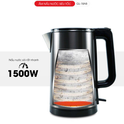 Ấm Siêu Tốc Gali GL-18A8 Thân Ấm Nguyên Khối Inox 304. Thiết kế 2 lớp Chống Nóng. hàng chính hãng, bảo hành 24 tháng