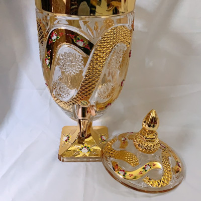 BÌNH THỦY TINH ĐỰNG NƯỚC UỐNG CÓ VÒI VẶN CAO CẤP HOA KHẢM VÀNG VÀNG - ANHT688 - GIAO HOA VĂN NGẪU NHIÊN