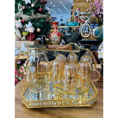 Combo bộ bình đựng nước thủy tinh cao cấp 6 cốc kèm khay và giá úp mạ vàng