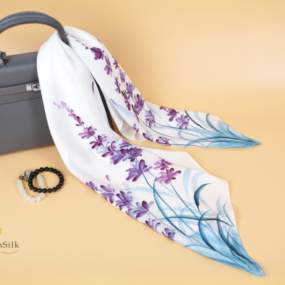 Khăn Lụa Vuông Vẽ Hoa Lavender SenSilk – Vietnam Gift