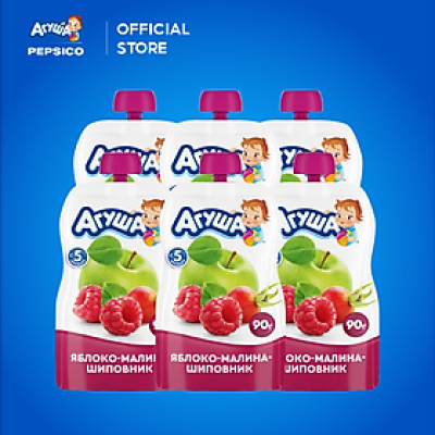 Combo 6 Gói Trái cây nghiền vị táo, mâm xôi và tầm xuân Agusha 90g/gói dành cho bé từ 5 tháng trở lên
