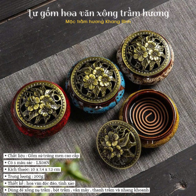 Lư gốm sứ Hoa Văn Xông đốt nụ vân mây nhang Trầm Hương kèm đế lót bông - Mộc Trầm Hương Khang Bình