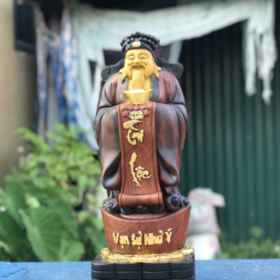 Tượng phật ông thần tài trạm khắc bằng gỗ hương đá tô làm mầu giả cổ kt cao 50×18×15cm