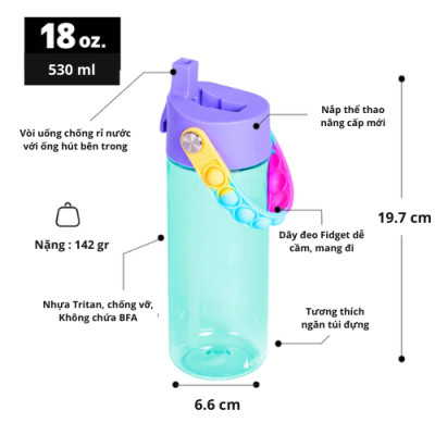 [Elemental chính hãng - Thương hiệu Mỹ] Bình nước Elemental Tritan 530ml - dây đeo Pop Fidget, an toàn sức khỏe