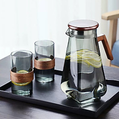 Bình Nước Thủy Tinh Tay Cằm và Nắp Gỗ thể Tích 1500ml