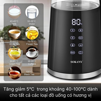 Ấm đun nước siêu tốc SOKANY SK-09050, Ấm đun nước giữ nhiệt dung tích 1.7L, hâm nước pha sữa, điều chỉnh, hiển thị nhiệt - HÀNG CHÍNH HÃNG