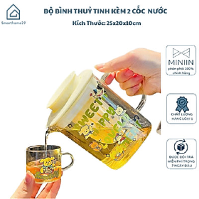 Bộ Bình Thuỷ Tinh Kèm 2 Cốc Uống Nước Cao Cấp - Thiết Kế Sang Trọng, An Toàn Cho Sức Khỏe - HÀNG CHÍNH HÃNG MINIIN
