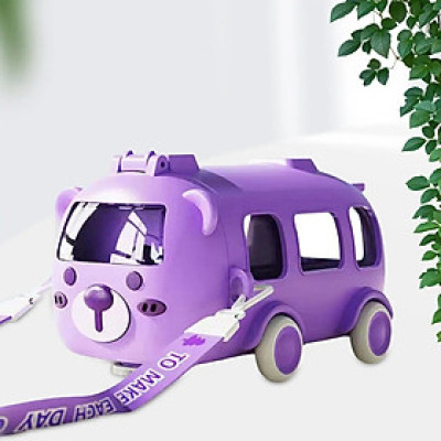 Bình đựng nước nhựa Tritan 500ml kèm dây đeo, chai nước hình xe bus gấu cho gia đình, Bình lọ chai nước lõi Tritan bọc nhựa cách nhiệt Cool cute bus for kid