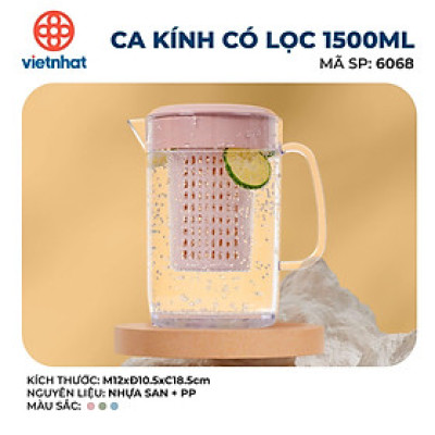 Ca kính uống nước có lọc 1500ml VIỆT NHẬT - Lõi lọc tháo rời, nắp kín - Trà, nước detox hoa quả bỏ tủ lạnh, Bình đựng nước, Bình pha trà có lõi lọc