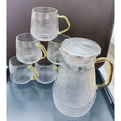 BỘ BÌNH NƯƠC THỦY TINH CHỊU NHIỆT 2L CRYSTAN KÈM 6 CỐC QUAI VÀNG - ANTH415