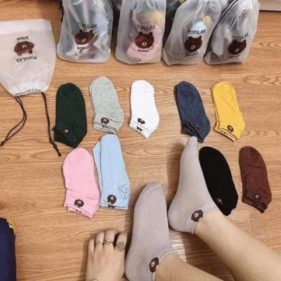 Túi 10 đôi tất  hoa cúc , gấu nữ ,cổ ngắn nhiều màu dễ thương vải cotton đẹp và bền kèm túi dây rút xinh xắn cute cho phái nữ