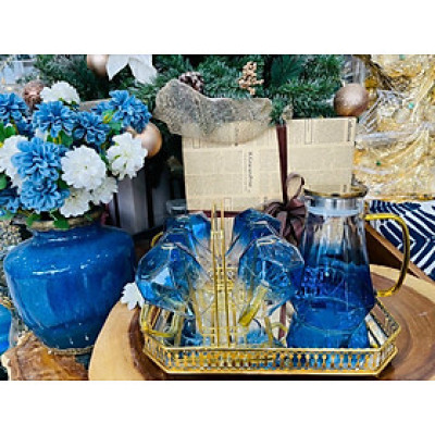 COMBO BỘ BÌNH ĐỰNG NƯỚC UỐNG THỦY TINH CAO CẤP KÈM 6 CỐC MÀU XANH NƯỚC BIỂN, KHAY VÀ GIÁ ÚP - VD106