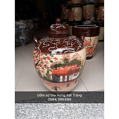 Hũ đựng ruou  vẽ cảnh đồng quê gốm sứ Gia Hưng Bát tràng