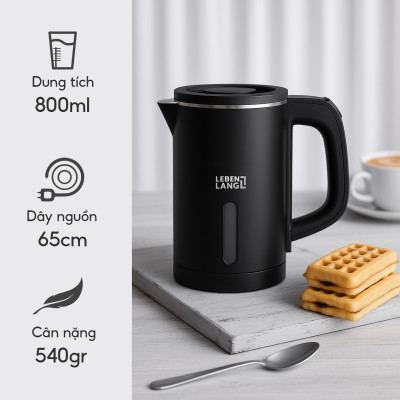 Ấm Siêu Tốc Mini Lebenlang LBL2318, 800ml, Inox, Công Suất 1000W, Tự Ngắt, Đèn Báo, Nhỏ Gọn - Hàng chính hãng