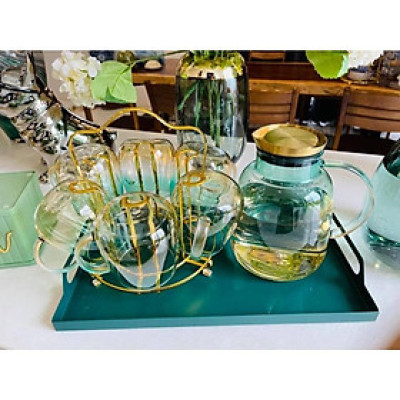 Combo bình đụng nước uống 6 cốc thủy tinh chịu nhiệt cao cấp ánh vàng xanh kèm khay và giá úp cốc