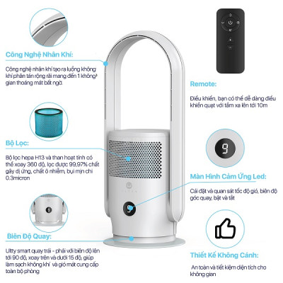 Máy Lọc Không Khí ULTTY SKJ-CR021 Dạng Quạt, Chế Độ Làm Mát 9 Cấp, Bộ Lọc HEPA H13 Loại Bỏ 99,97% Bụi Mịn, Vi Khuẩn, Virut - Màu Trắng - Hàng Chính Hãng