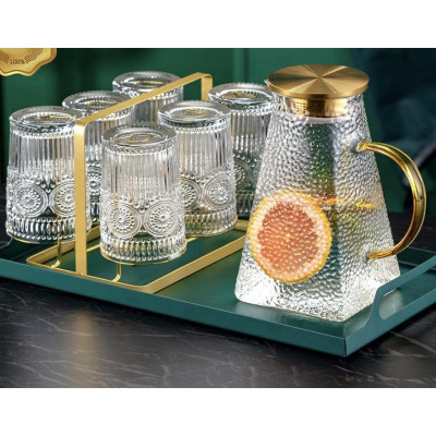 Set bình đựng nước uống thủy tinh kèm 6 cốc khay và giá úp cốc ( Giao khay kim loại xanh )