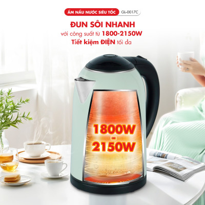 Ấm đun siêu tốc Gali GL-0017C thân ấm 2 lớp, vỏ ngoài bằng nhựa nguyên sinh chịu nhiệt tốt, hàng chính hãng 100%. Bảo hành 24 tháng.