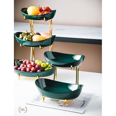 Kệ 2 Tầng, 3 Tầng Sứ Xanh Home Decor phong cách Bắc Âu khung kim loại | ĐĨA 2 3 TẦNG SỨ TRẮNG XANH KÈM KỆ INOX CAO CẤP