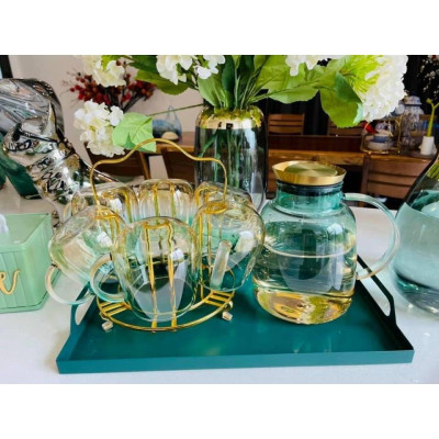 Combo bình đụng nước uống 6 cốc thủy tinh chịu nhiệt cao cấp ánh vàng xanh kèm khay và giá úp cốc