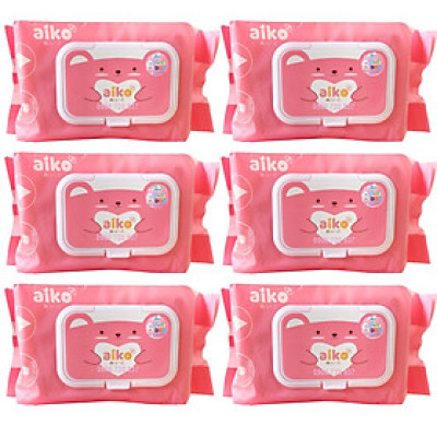 Combo 6 Gói Khăn Uớt Aiko Hồng Không Mùi 100 Tờ/gói