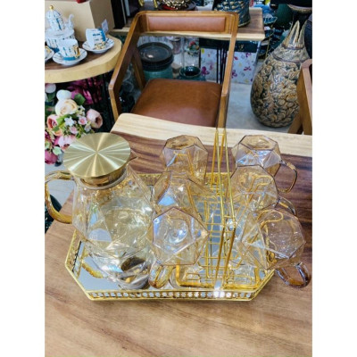 Combo bộ bình đựng nước thủy tinh cao cấp 6 cốc kèm khay và giá úp mạ vàng