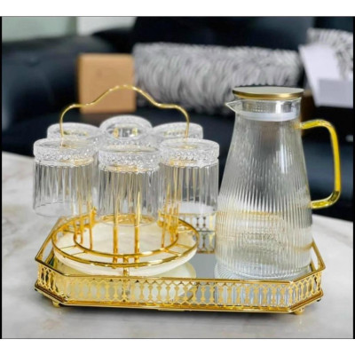 Combo bộ bình đựng nước uống thủy tinh kèm 6 cốc, giá úp và khay gương sang trọng