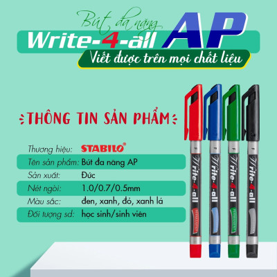 Hộp 10 Bút kỹ thuật STABILO Write-4-all PERMANENT M 1.0mm (AP146M/10) - Xanh