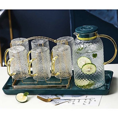 COMBO BÌNH THỦY TINH ĐỰNG NƯỚC UỐNG KÈM 6 CỐC QUAI VÀNG, GIÁ TREO CỐC, KHAY SỨ MÀU XANH CỔ VỊT CHỊU NHIỆT CÁO CẤP - ANTH254