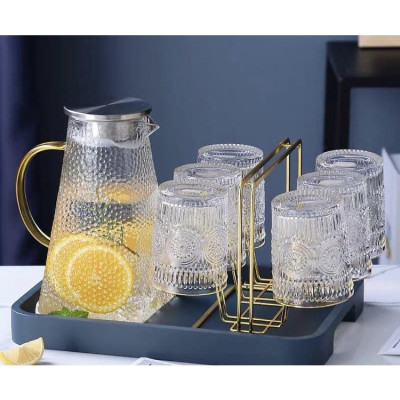 Set bình đựng nước uống thủy tinh kèm 6 cốc khay và giá úp cốc ( Giao khay kim loại xanh )