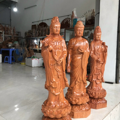 Tượng phật tây phương tam thánh bằng gỗ hương đá liền khối kt cao 60×20×20cm