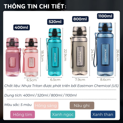 Bình đựng nước bằng nhựa tritan cao cấp DandiHome Uzspace 400/520/800/1100ml