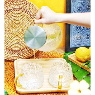 Set bình đựng nước thủy tinh kèm 6 cốc vân sần thấp và khay gỗ